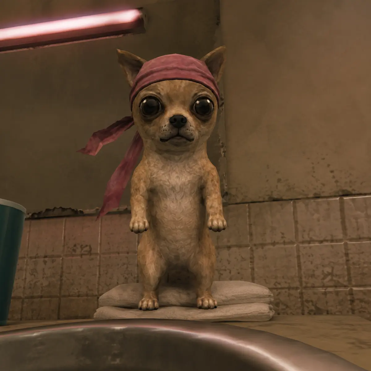Small tan Chihuahua in a dusty-pink durag standing in a PS2-style motel bathroom.