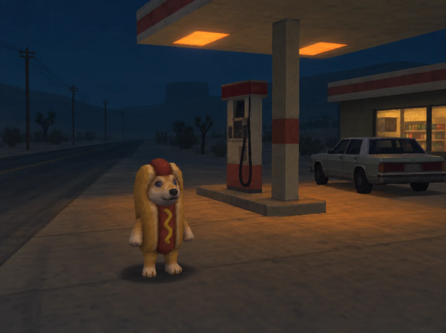 Hotdog, a small dog built into a hot dog bun, stands alone on the forecourt of a desert gas station at night beside a fuel pump under flat orange canopy lights, with Joshua trees and a fogged mesa behind him, rendered like a PS2-era game.
