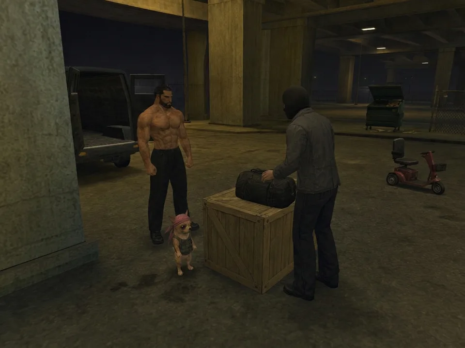 Approved first frame: two characters meet a masked buyer beside a van, crate, and red scooter