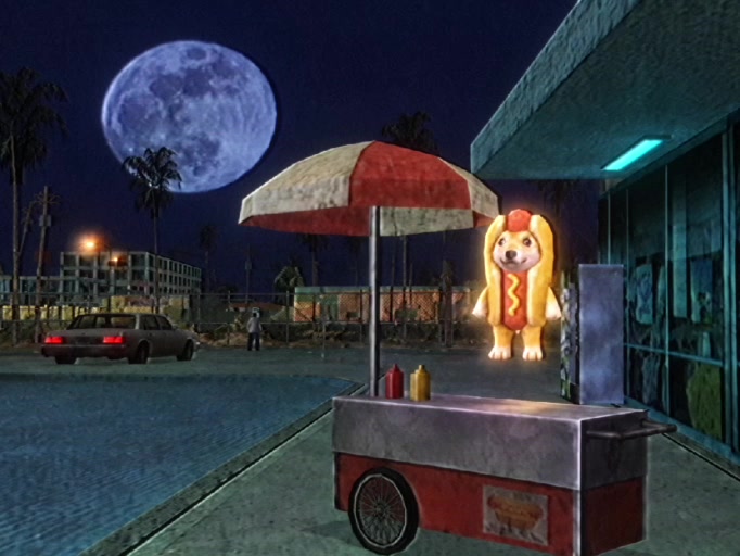 Hotdog floats above a street cart in a moonlit PS2-style scene.
