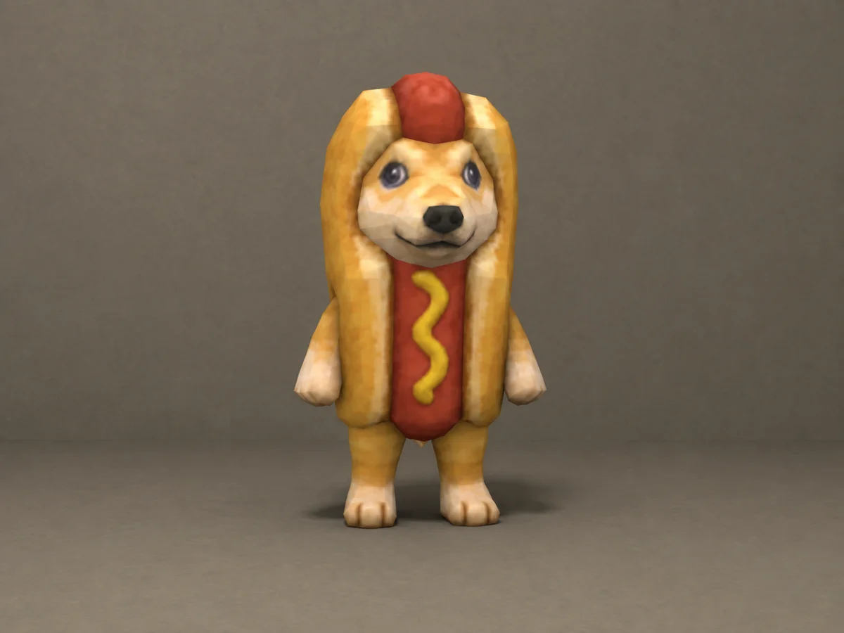 Hotdog's low-poly canine character inside a hot dog bun, created for the community engine.