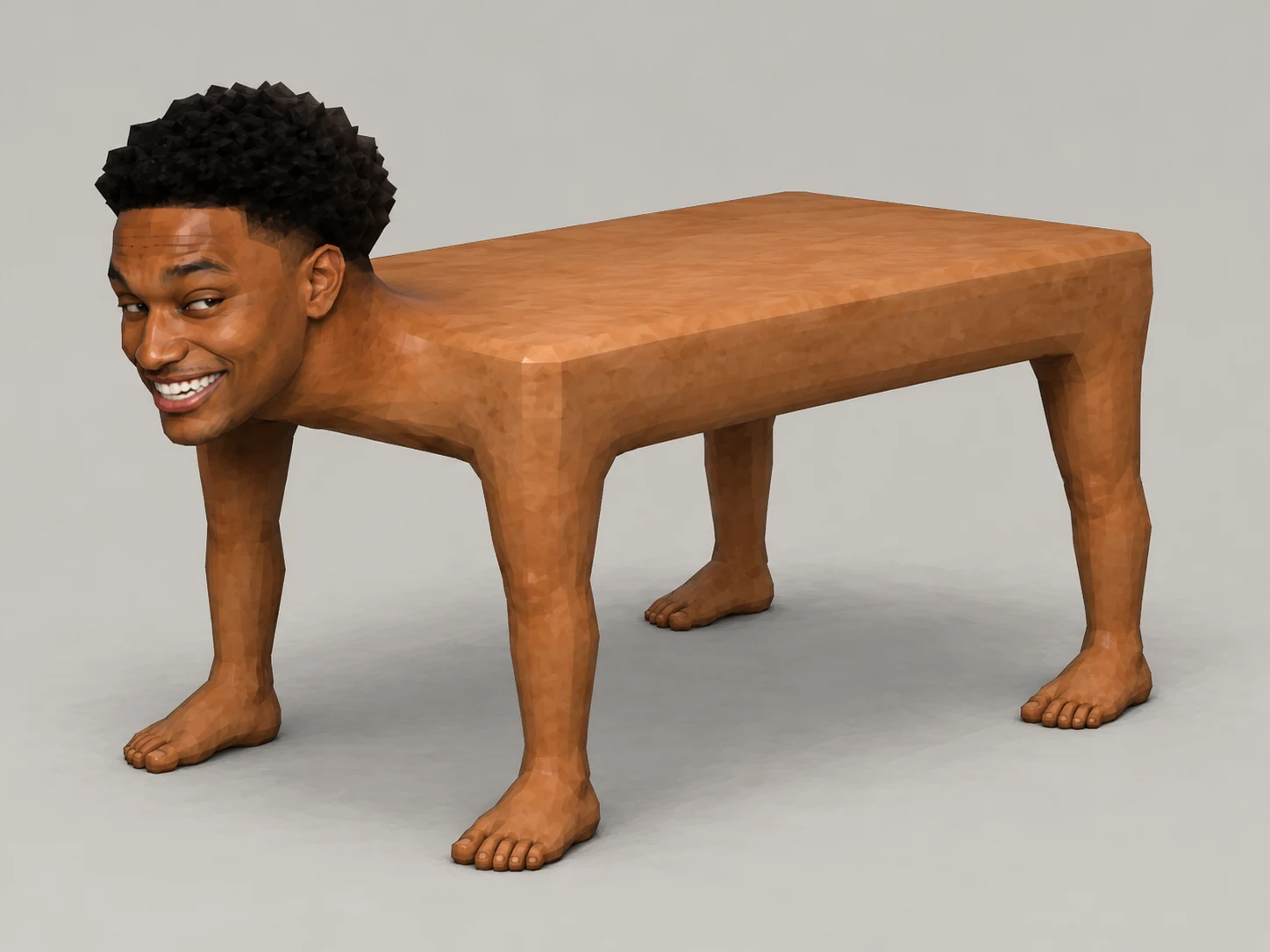 PS2-style Mensa human table with a grinning head and four bare feet