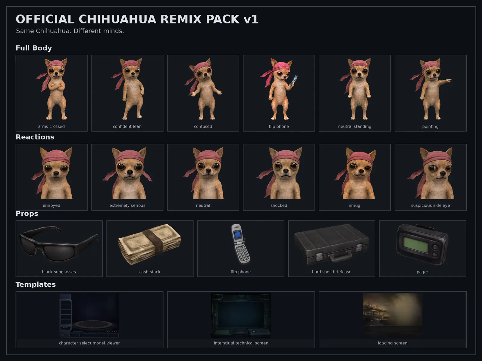 Preview of the Remix Pack poses, reactions, props, and three PS2-style templates.